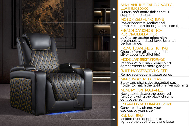 Valencia 2025 New Oslo Ultimate Luxury Leather Home Theater Seating Row of 2, Onyx with Gold Stitching