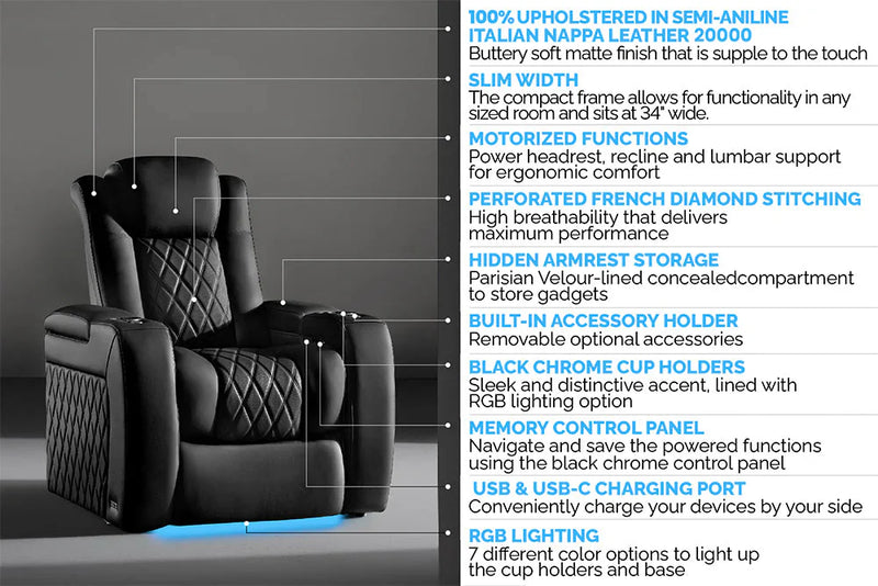 Valencia 2025 New Tuscany Slim Ultimate Luxury Leather Home Theater Seating Row of 3, Onyx