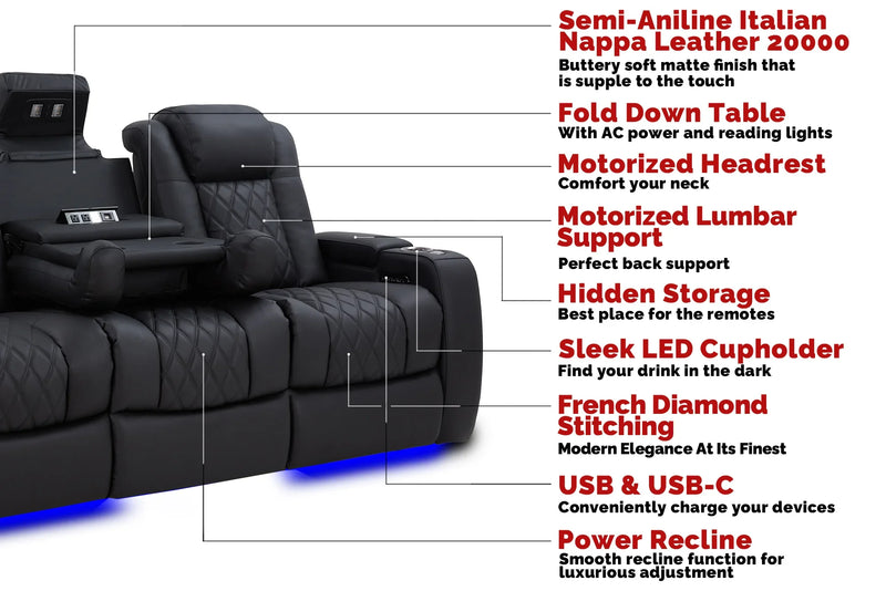 Valencia Tuscany Luxury Console Leather Home Theater Seating Row of 5 Dropdown Center, Onyx