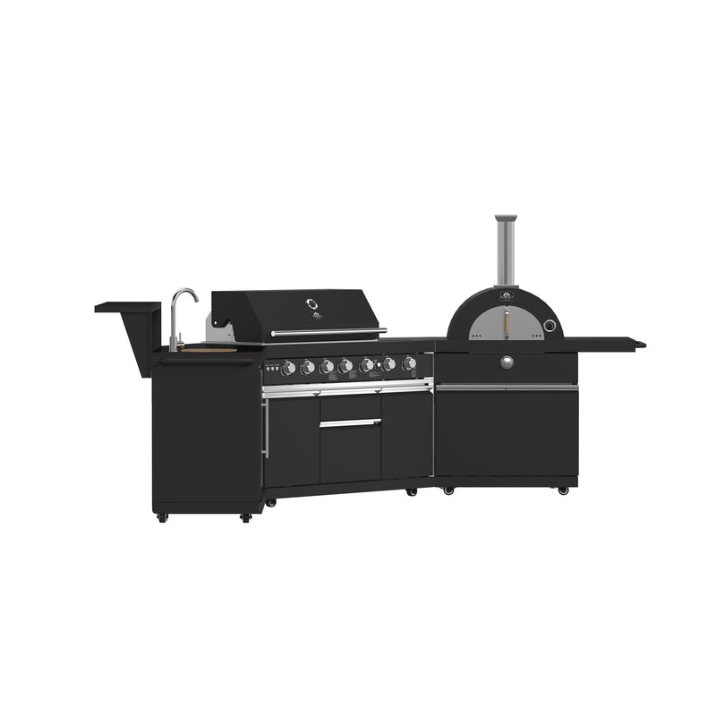 FORNO All’Aperto Outdoor Kitchen Set - 87,600 BTU Gas Grill with 4 Burners + Side Burner, Gas Pizza Oven, Sink Module/Beverage Center with Black Sintered Stone Countertop