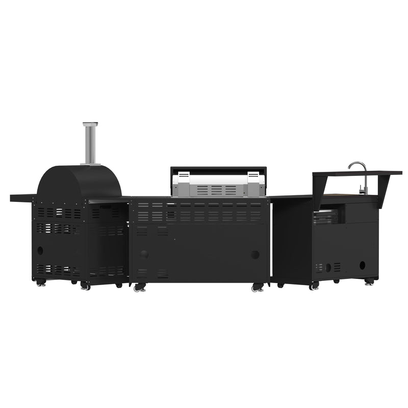 FORNO All’Aperto Outdoor Kitchen Set - 87,600 BTU Gas Grill with 4 Burners + Side Burner, Gas Pizza Oven, Sink Module/Beverage Center with Black Sintered Stone Countertop