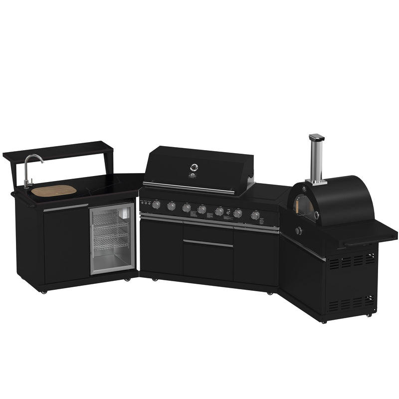 FORNO All’Aperto Outdoor Kitchen Set - 87,600 BTU Gas Grill with 4 Burners + Side Burner, Gas Pizza Oven, Sink Module/Beverage Center with Black Sintered Stone Countertop