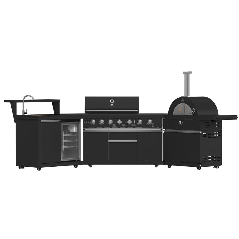 FORNO All’Aperto Outdoor Kitchen Set - 87,600 BTU Gas Grill with 4 Burners + Side Burner, Gas Pizza Oven, Sink Module/Beverage Center with Black Sintered Stone Countertop
