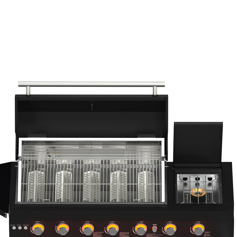 FORNO All’Aperto Outdoor Kitchen Set - 87,600 BTU Gas Grill with 4 Burners + Side Burner, Gas Pizza Oven, Sink Module/Beverage Center with Black Sintered Stone Countertop