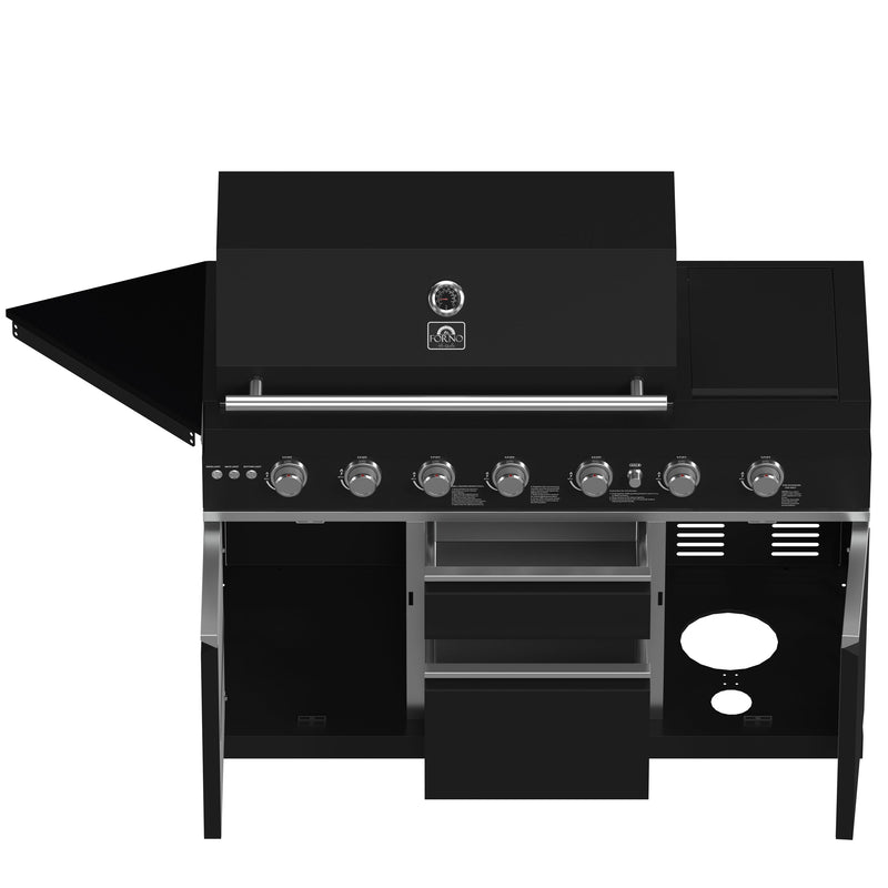 FORNO All’Aperto Outdoor Kitchen Set - 87,600 BTU Gas Grill with 4 Burners + Side Burner, Gas Pizza Oven, Sink Module/Beverage Center with Black Sintered Stone Countertop