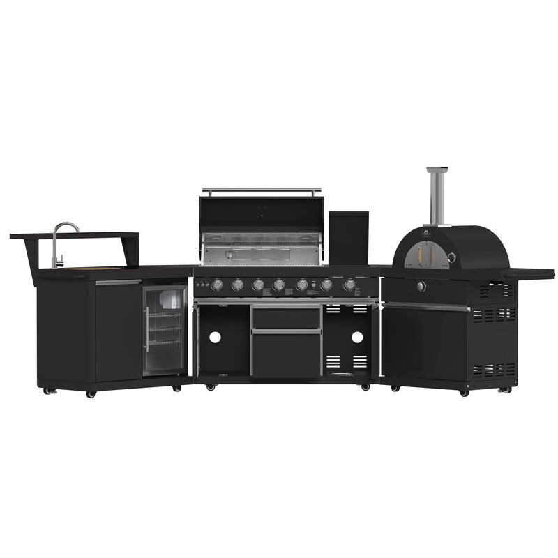 FORNO All’Aperto Outdoor Kitchen Set - 87,600 BTU Gas Grill with 4 Burners + Side Burner, Gas Pizza Oven, Sink Module/Beverage Center with Black Sintered Stone Countertop