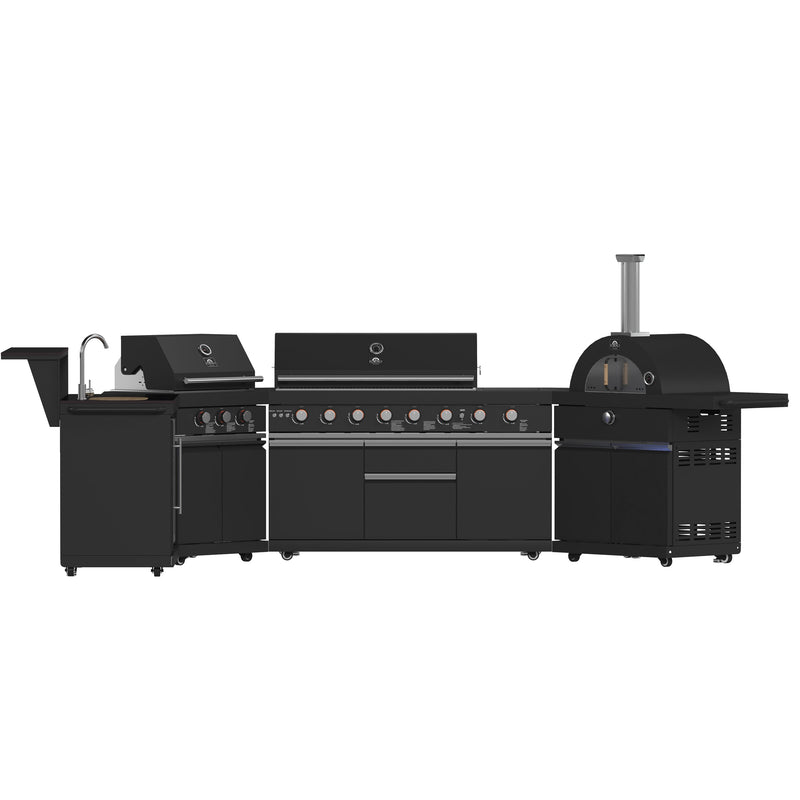 FORNO All’Aperto Outdoor Kitchen Set - 99,600 BTU Gas Grill with 5 Burners + Side Burner, Gas Pizza Oven, Sink Module/Beverage Center with Black Sintered Stone Countertop