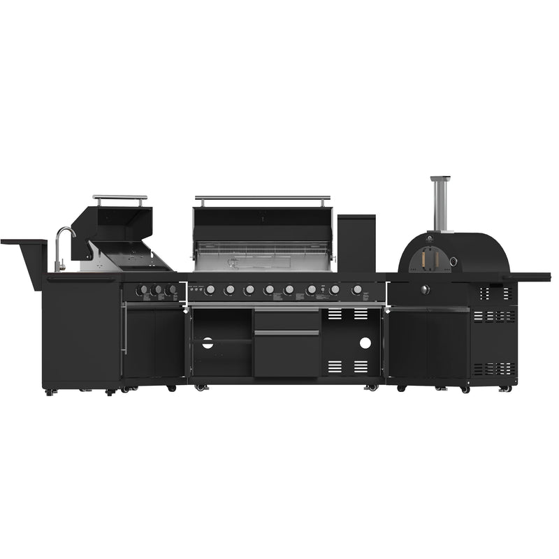 FORNO All’Aperto Outdoor Kitchen Set - 99,600 BTU Gas Grill with 5 Burners + Side Burner, Gas Pizza Oven, Sink Module/Beverage Center with Black Sintered Stone Countertop