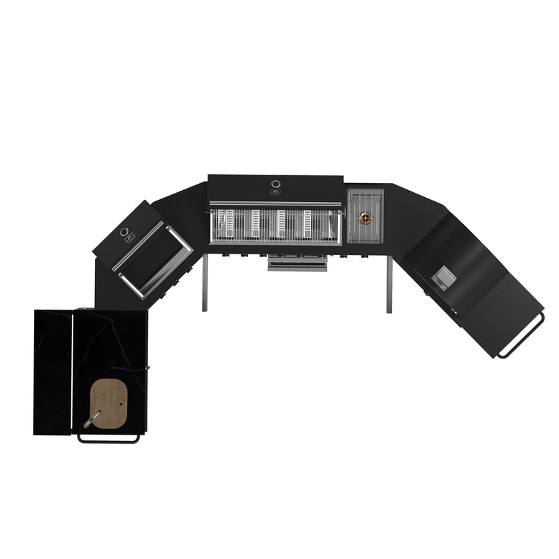 FORNO All’Aperto Outdoor Kitchen Set - 99,600 BTU Gas Grill with 5 Burners + Side Burner, Gas Pizza Oven, Sink Module/Beverage Center with Black Sintered Stone Countertop