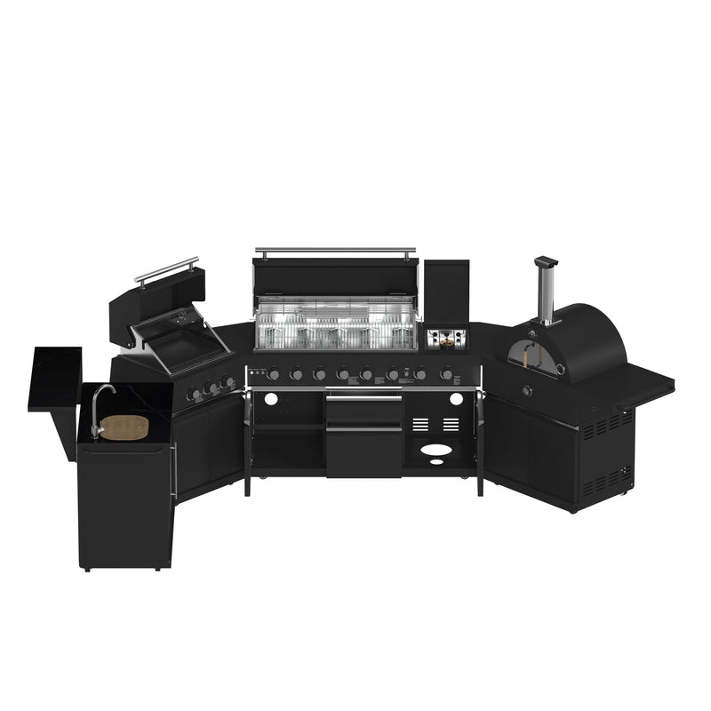 FORNO All’Aperto Outdoor Kitchen Set - 99,600 BTU Gas Grill with 5 Burners + Side Burner, Gas Pizza Oven, Sink Module/Beverage Center with Black Sintered Stone Countertop