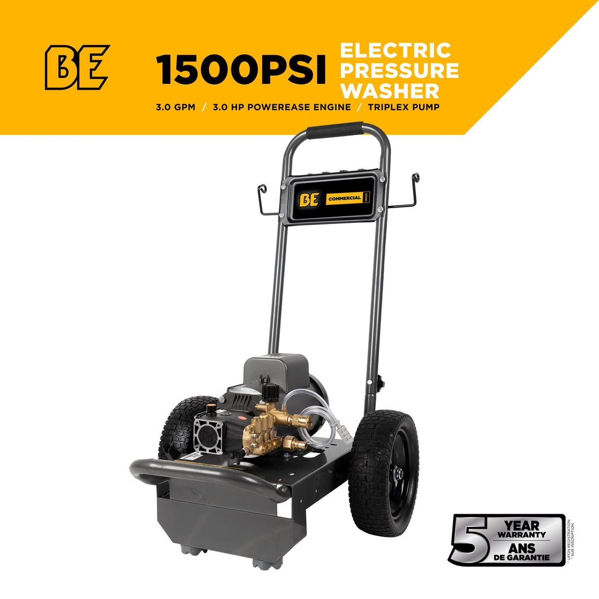 BE Power 1,500 PSI 3.0 GPM 3.0 HP Electric Pressure Washer with Baldor Electric Motor and AR Triplex Pump - B153EA