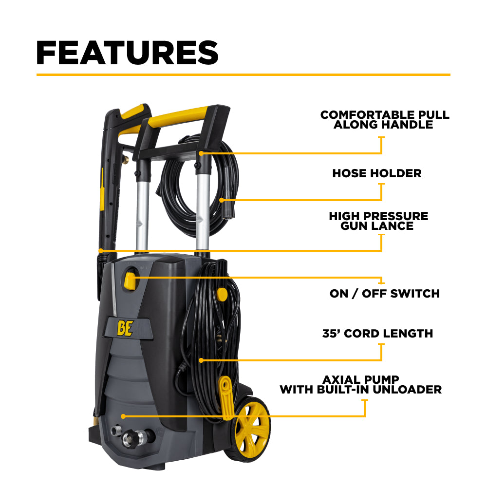 BE Power 2,000 PSI 1.7 GPM Electric Pressure Washer with Powerease Motor and AR Axial Pump - P1915EN