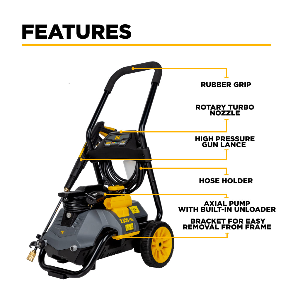 BE Power 2,300 PSI 1.7 GPM Electric Pressure Washer with Powerease Motor and AR Axial Pump - P2314EN