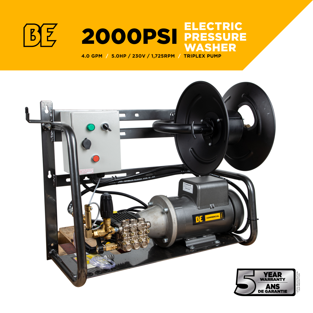 BE Power 2,000 PSI 4.0 GPM 5.0 HP Wall Mount Electric Pressure Washer with a Baldor Motor and General Triplex Pump - X-2050FW1GENHT