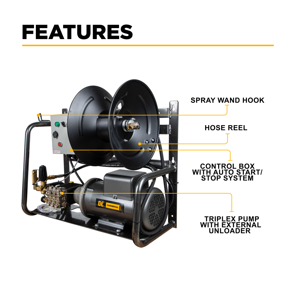 BE Power 2,000 PSI 4.0 GPM 5.0 HP Electric Pressure Washer with Baldor Motor and General Triplex Pump - X-2050FW3GENHT2