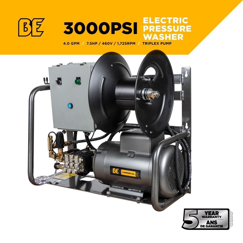BE Power 3,000 PSI 4.0 GPM 7.5 HP Electric Pressure Washer with 7.5 HP - 3 Phase Baldor Motor and General Triplex Pump - X-2775FW3GENHT4