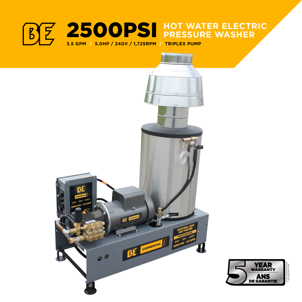 BE Power 2,500 PSI 3.5 GPM 5.0 HP Hot Water Pressure Washer with Baldor Motor and AR Triplex Pump - HW255E3CNG