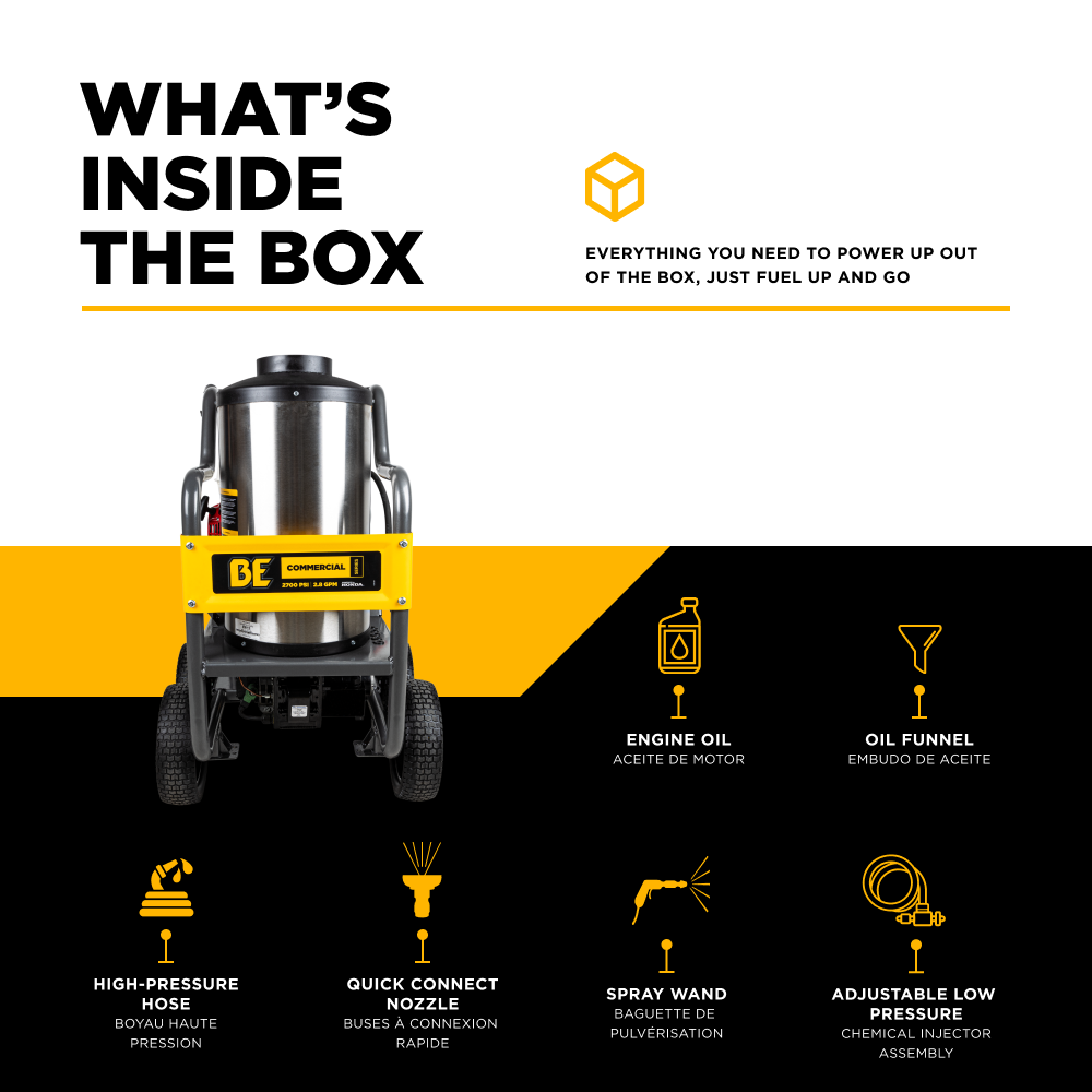 BE Power 3000PSI 3.0GPM Hot Water Pressure Washer with Honda GX200 Engine and General Triplex Pump - HW2765HG