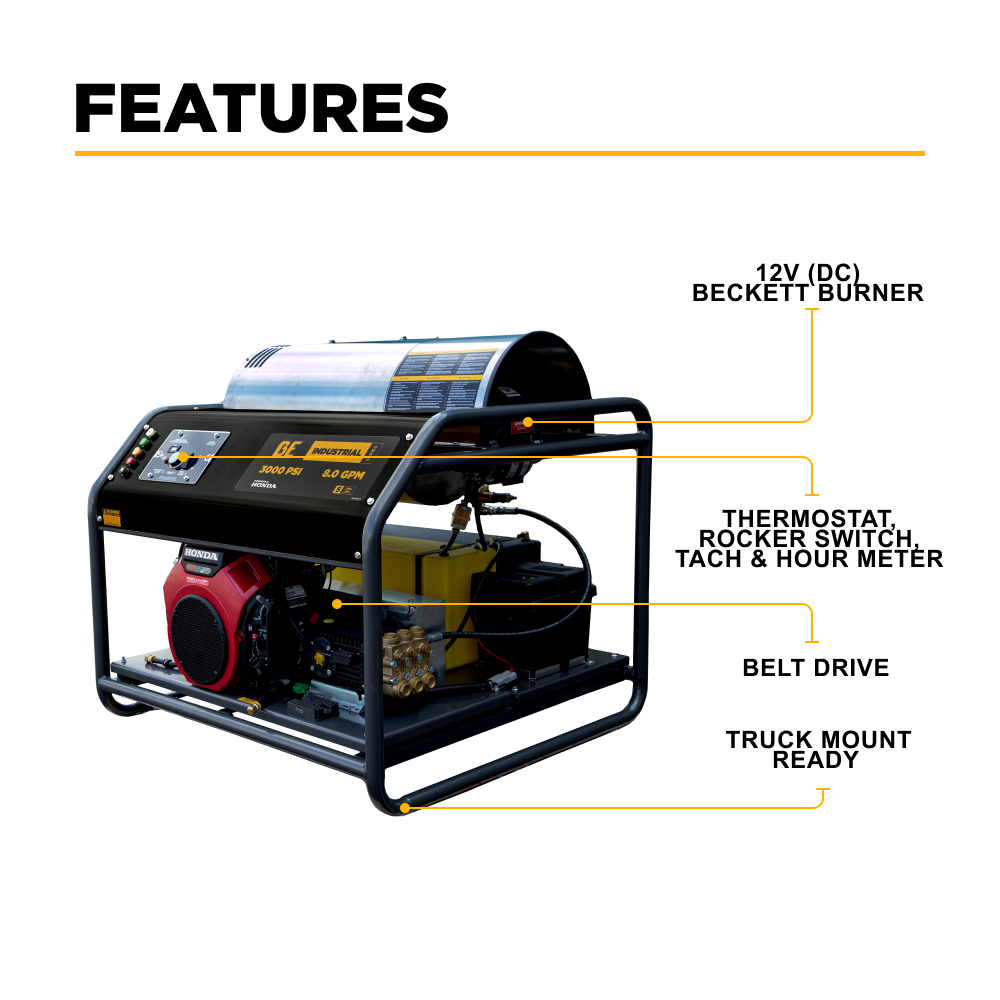 BE Power 3,000PSI 8.0GPM Hot Water Pressure Washer with Honda GX690 Engine and General Triplex Pump - HW3024HG12V