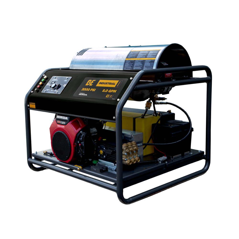 BE Power 3,000PSI 8.0GPM Hot Water Pressure Washer with Honda GX690 Engine and General Triplex Pump - HW3024HG12V