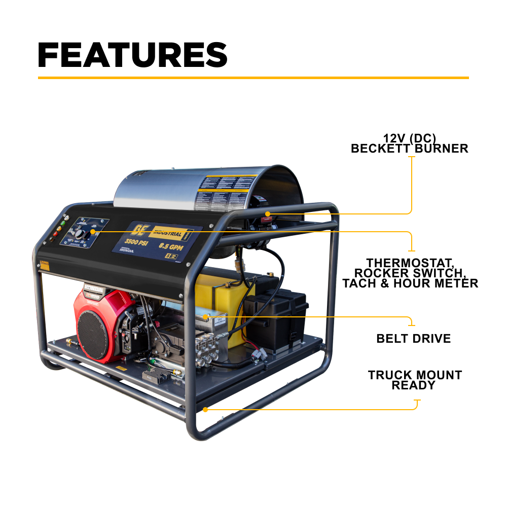 BE Power 3,500PSI 5.6GPM Hot Water Pressure Washer Honda GX690 Engine and General Triplex Pump - HW3524HG12V
