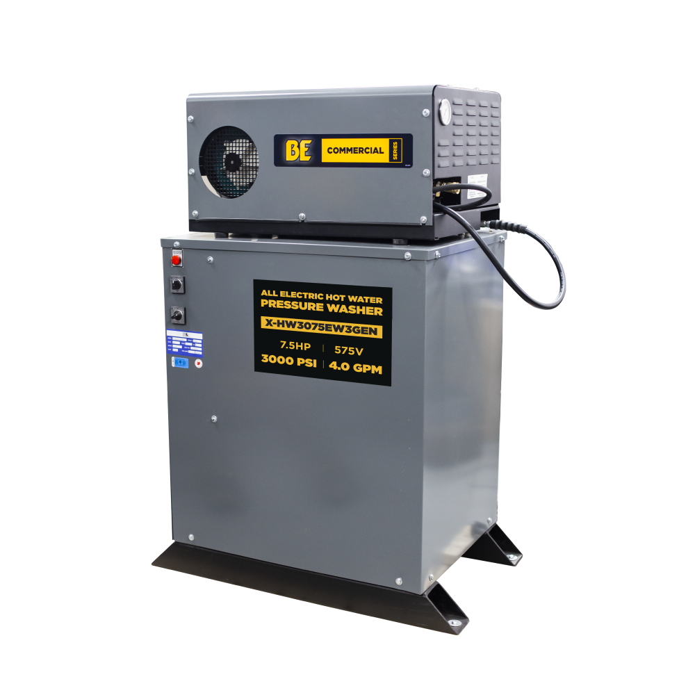 BE Power 3,000 PSI 4.0 GPM 7.5 HP Hot Water Pressure Washer with 7.5HP Motor and General Triplex Pump - X-HW3075EW3GEN