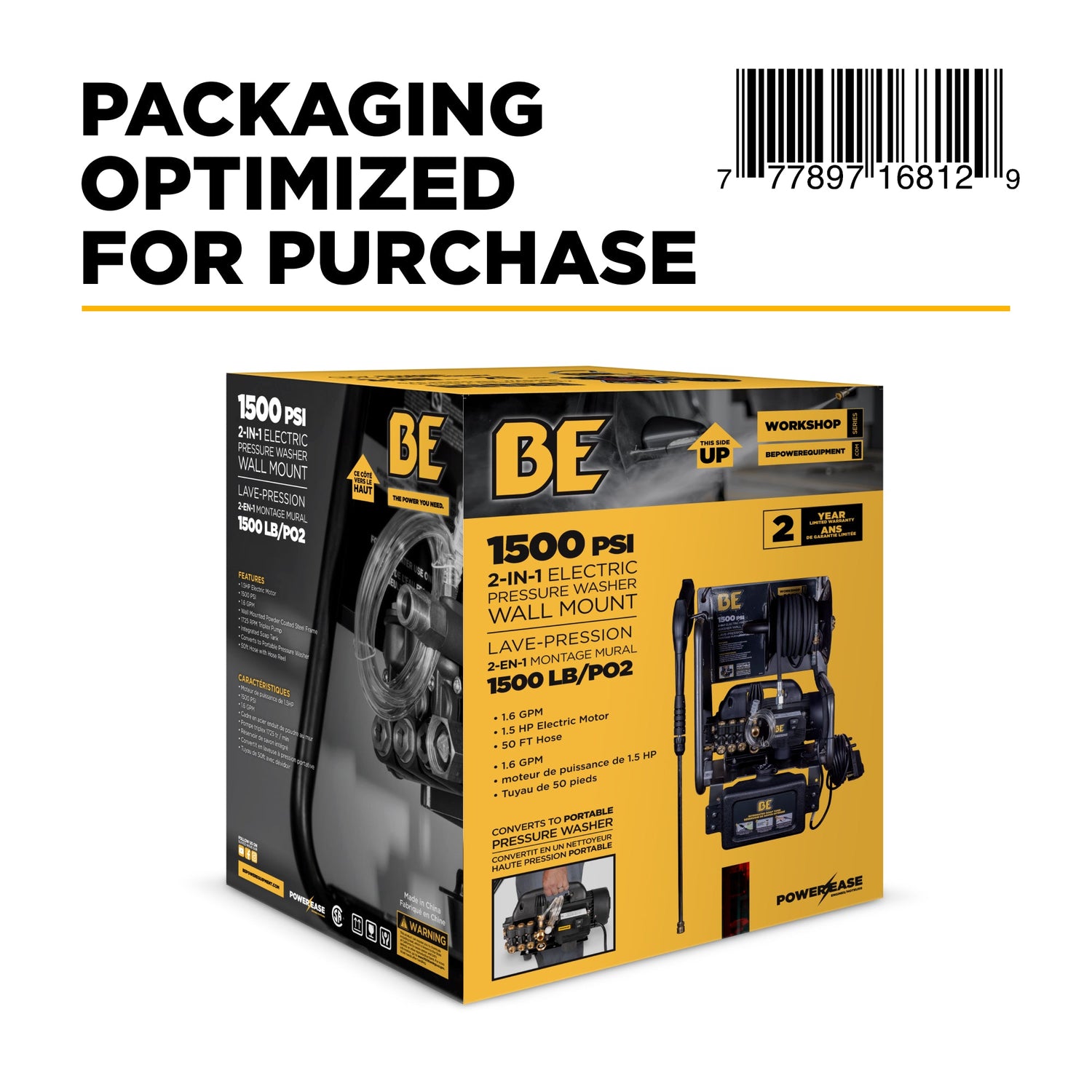 BE Power 1,500 PSI 1.6 GPM 1.5 HP Electric Pressure Washer with Powerease Motor and Triplex Pump - P1515EPNW