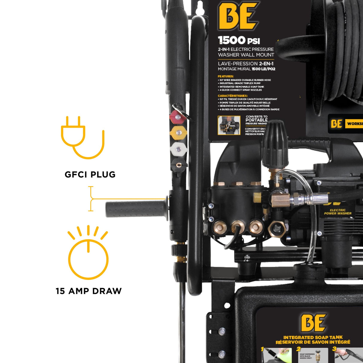BE Power 1,500 PSI 1.6 GPM 1.5 HP Electric Pressure Washer with Powerease Motor and Triplex Pump - P1515EPNW