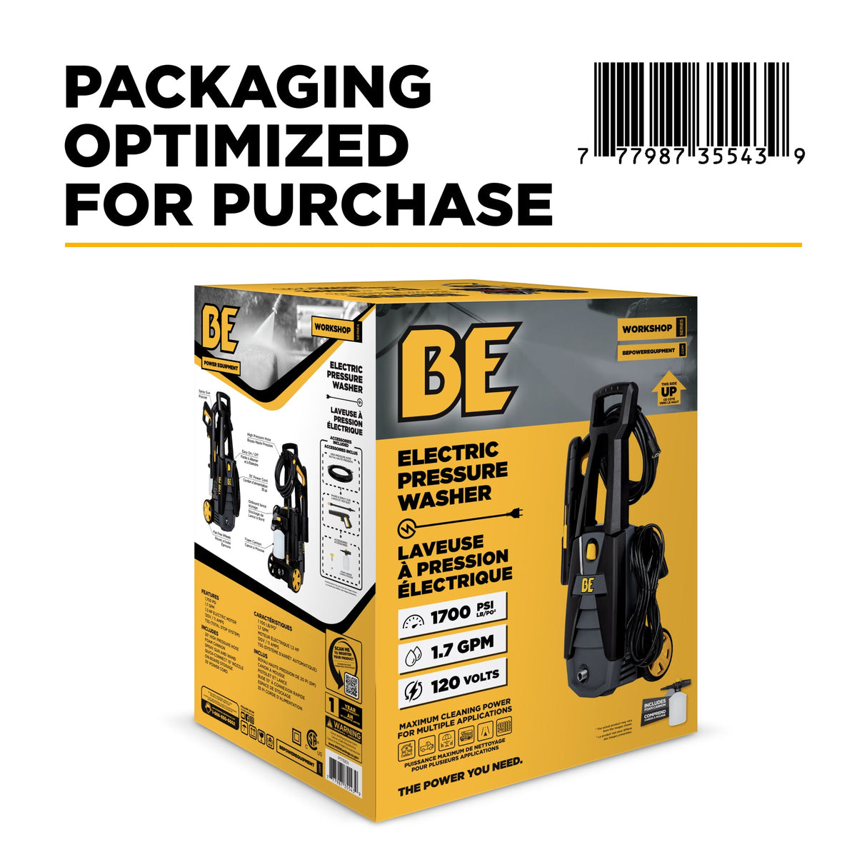 BE Power 1,700 PSI 1.7 GPM Electric Power Washer with Powerease Motor and AR Axial Pump - P1715EN