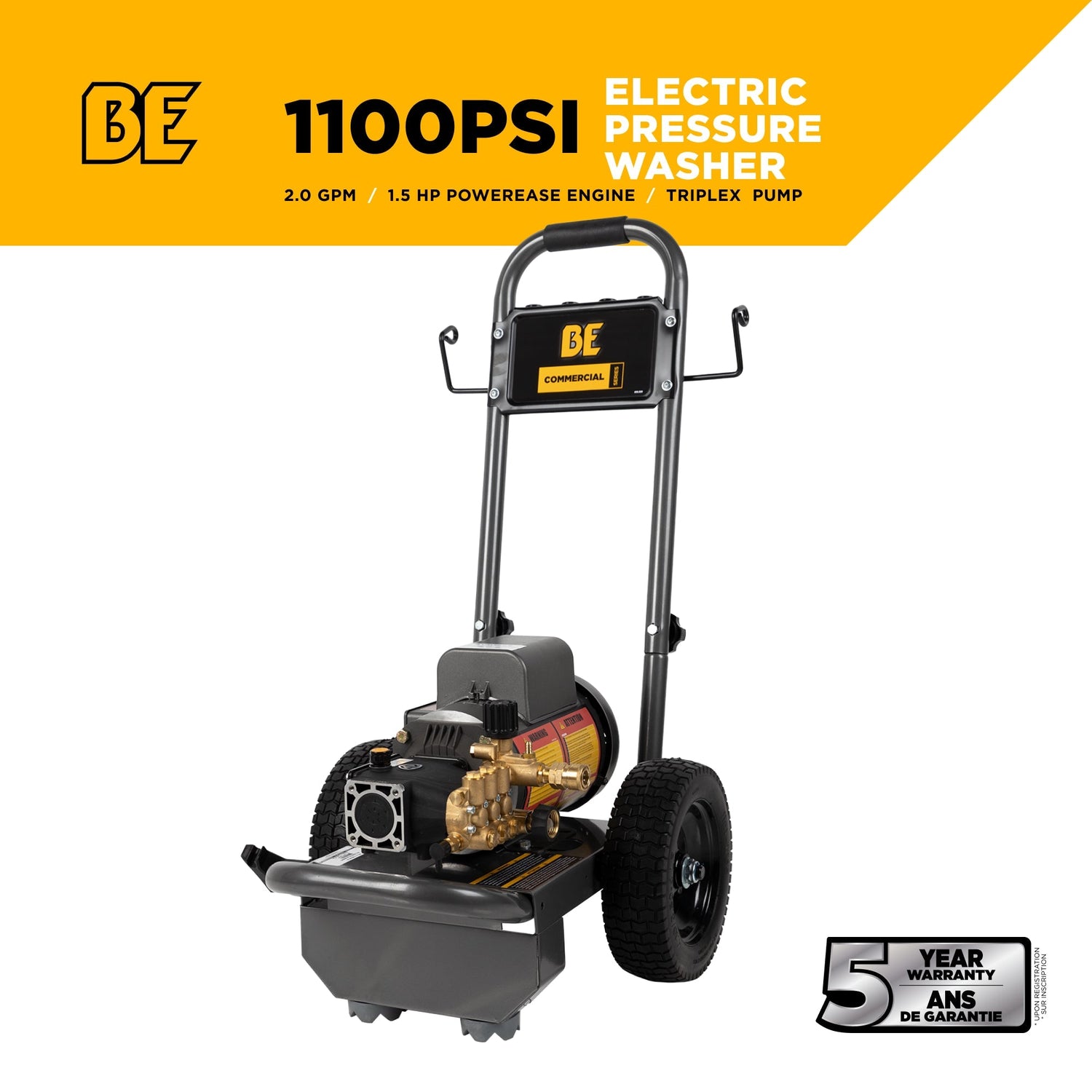 BE Power 1,100 PSI 2.0 GPM 1.5 HP Electric Pressure Washer with Baldor Motor and Triplex Pump - PE-1115EW1A