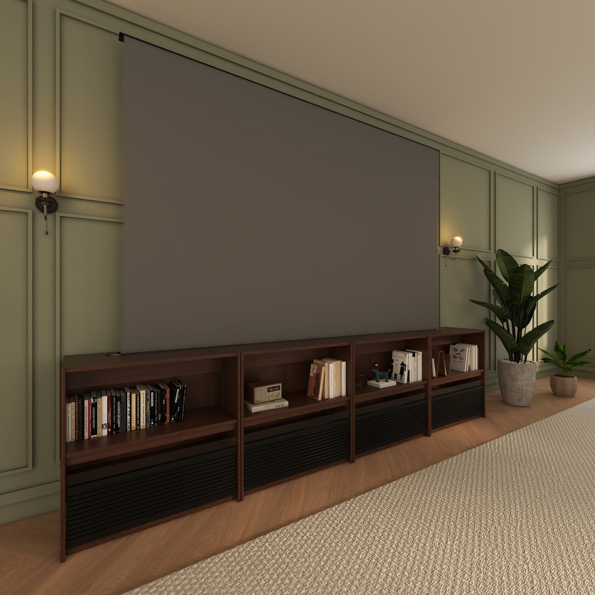 Bundle VIVIDSTORM Nexus Motorized Projector Screen Integrated Shelving Unit & S White Cinema/S ALR Motorized Tension Floor Rising Obsidian Long Throw ALR Projector screen