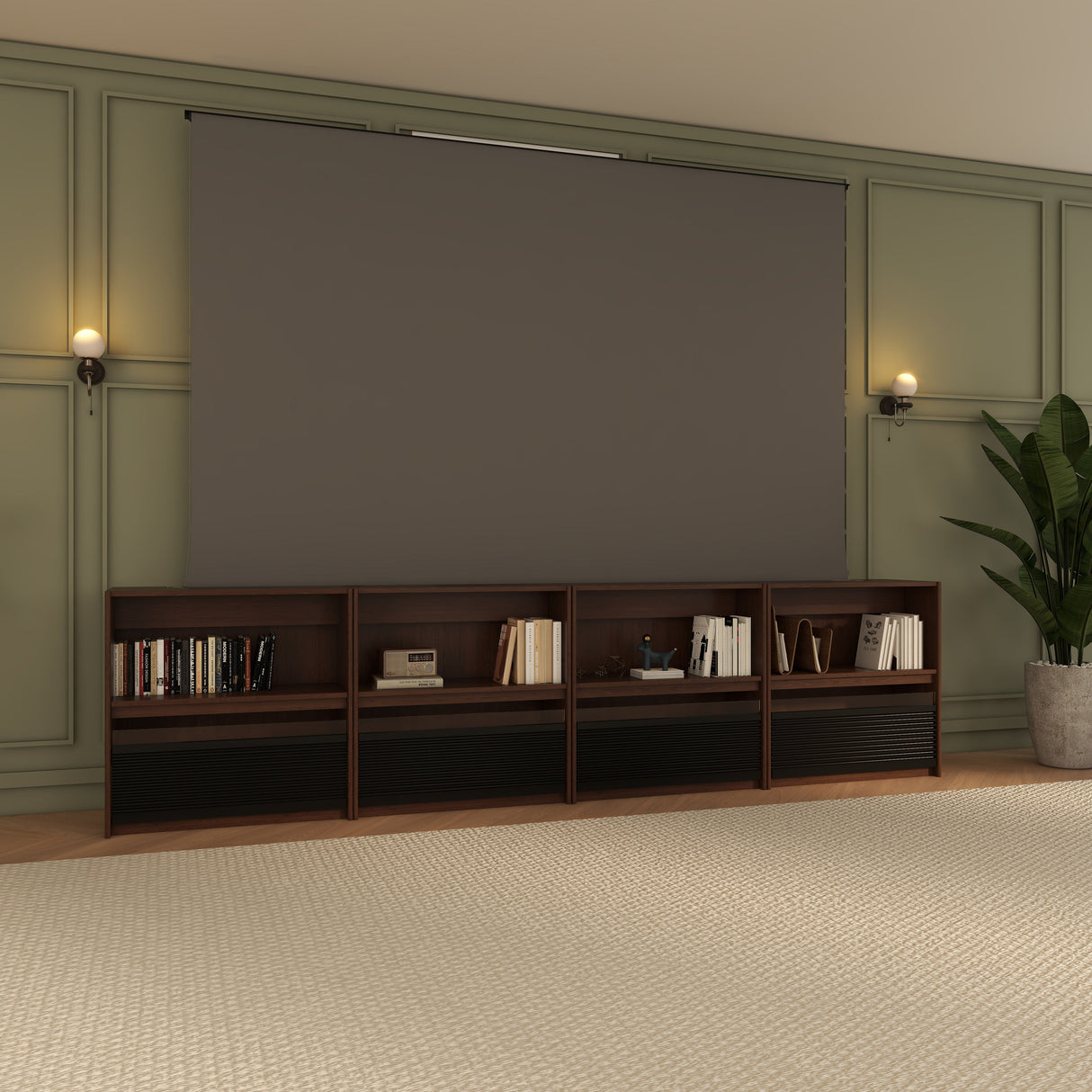 Bundle VIVIDSTORM Nexus Motorized Projector Screen Integrated Shelving Unit & S White Cinema/S ALR Motorized Tension Floor Rising Obsidian Long Throw ALR Projector screen