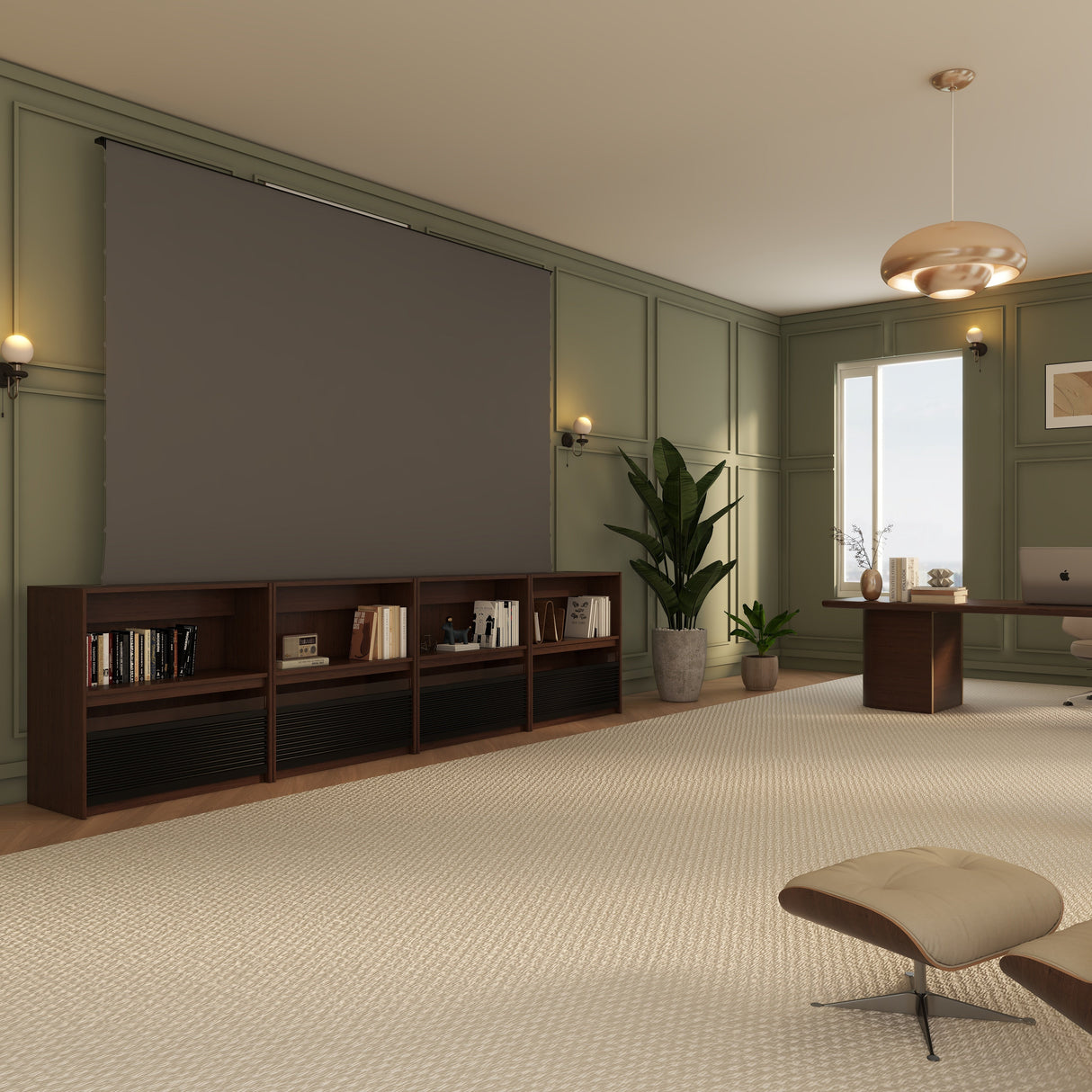 Bundle VIVIDSTORM Nexus Motorized Projector Screen Integrated Shelving Unit & S White Cinema/S ALR Motorized Tension Floor Rising Obsidian Long Throw ALR Projector screen