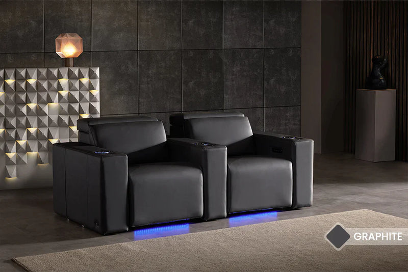 Valencia 2025 New Barcelona Grand Ultimate Leather Home Theater Seating Row of 2 Loveseat, Graphite