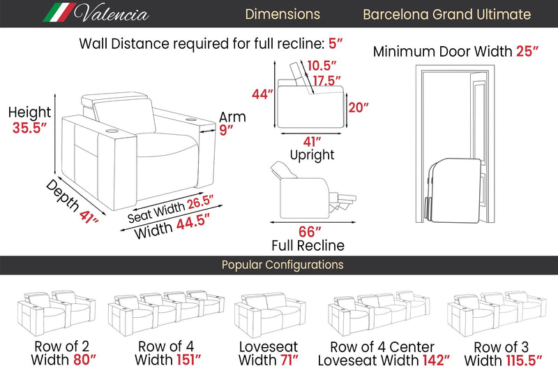 Valencia 2025 New Barcelona Grand Ultimate Leather Home Theater Seating Row of 2 Loveseat, Graphite