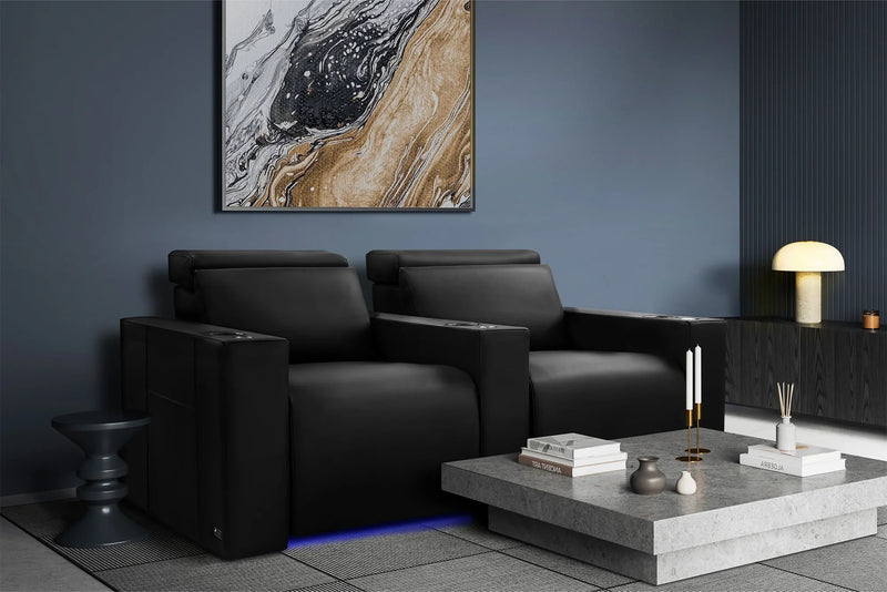 Valencia Barcelona Leather Home Theater Seating Row of 3 Loveseat Left, Midnight Black