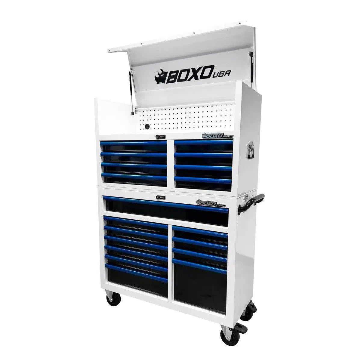 Pro Series | Loaded 45" 19-Drawer Rolling Tool Box | White and Blue