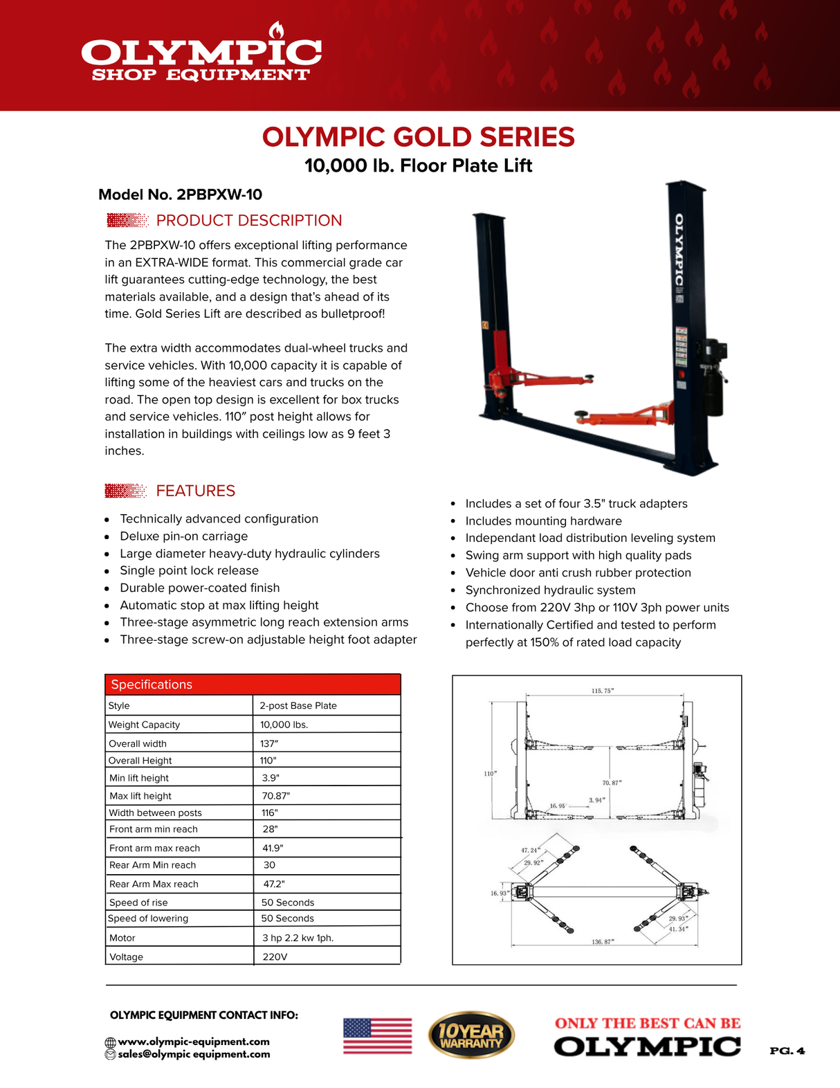 Olympic 2PBPXW-10 10,000‐lb. Extra Wide Base Plate Two Post Lift