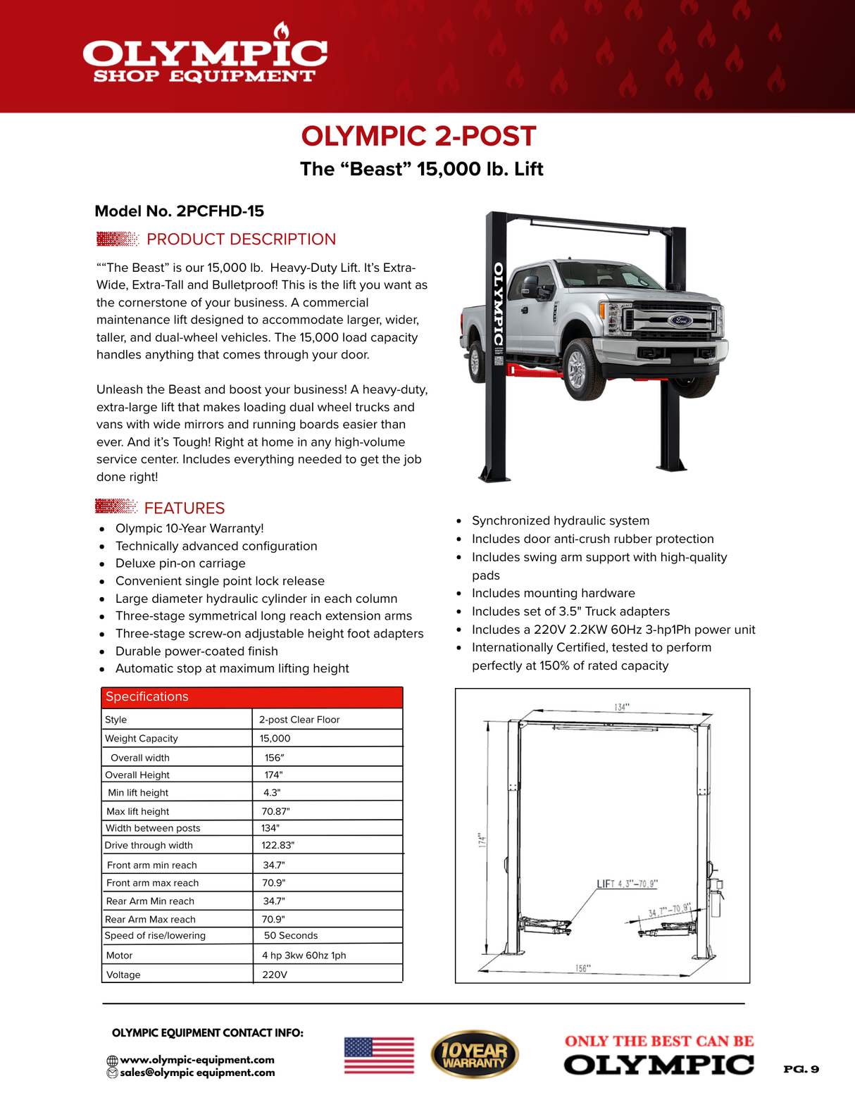 Olympic 2PCFHD-15 15,000 lb. HDXL Symmetric Post Clear Floor Two Post Lift