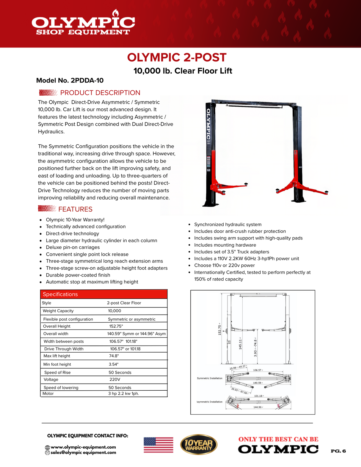 Olympic 2PDDA-10 10,000 lb. Asymmetric-Symmetric Two Post Lift