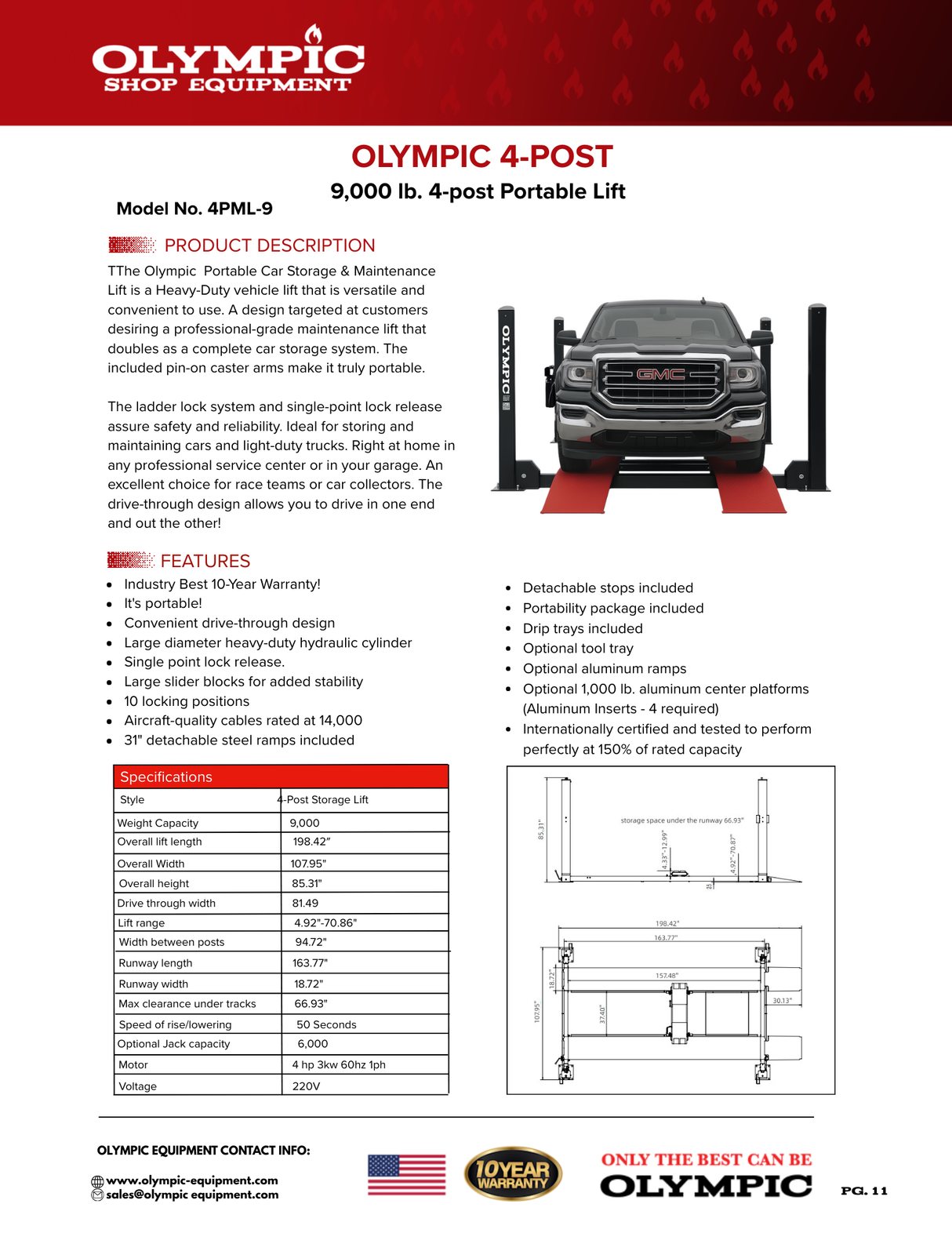 Olympic 4PML-9 9,000 lb. Portable Maintenance & Storage Four Post Lift