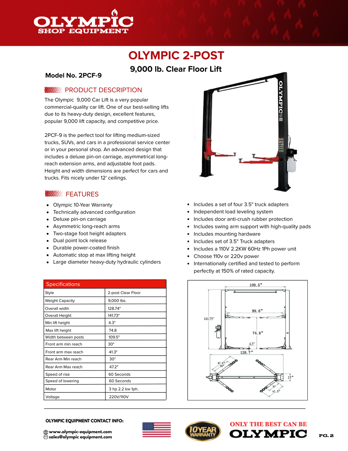 Olympic 2PCF-9 9,000‐lb. Symmetric Clear floor Two Post Lift
