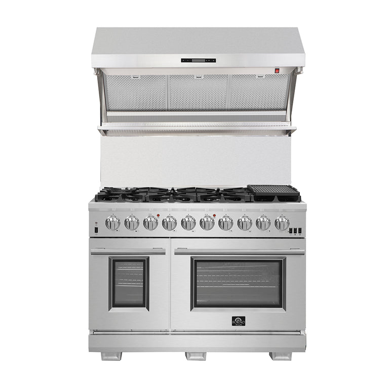 FORNO Appliance Package - 48" Gas Range, 48" Range Hood, Dishwasher, 48" Refrigerator, Microwave Drawer, AP-FFSGS6244-48-13
