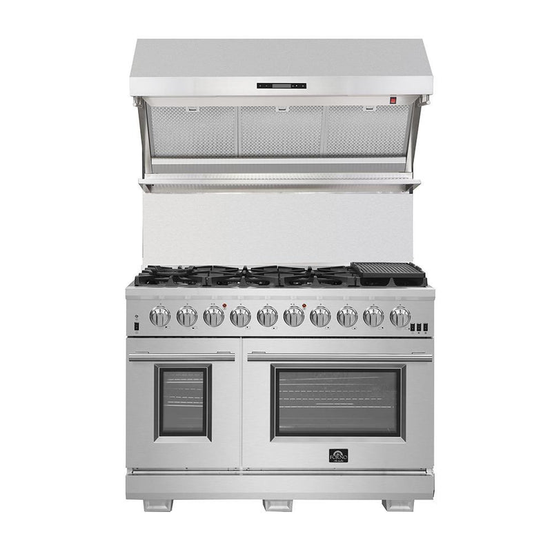 FORNO Package - 48 Inch Gas Range, Wall Mount Range Hood, Refrigerator, Microwave Drawer, Dishwasher, AP-FFSGS6244-48-8