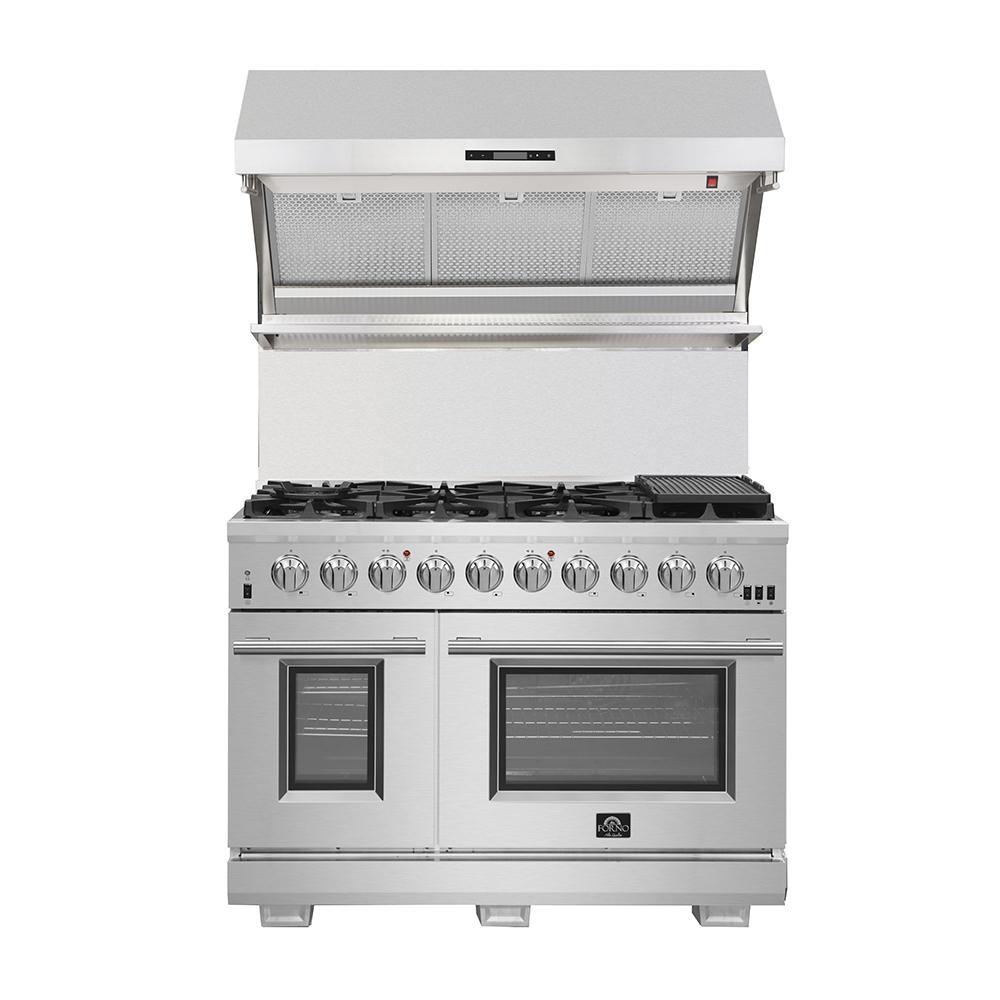 FORNO Appliance Package - 48 Inch Pro Gas Range, Range Hood, Refrigerator, Microwave Drawer, Dishwasher, Wine Cooler, AP-FFSGS6260-48-9