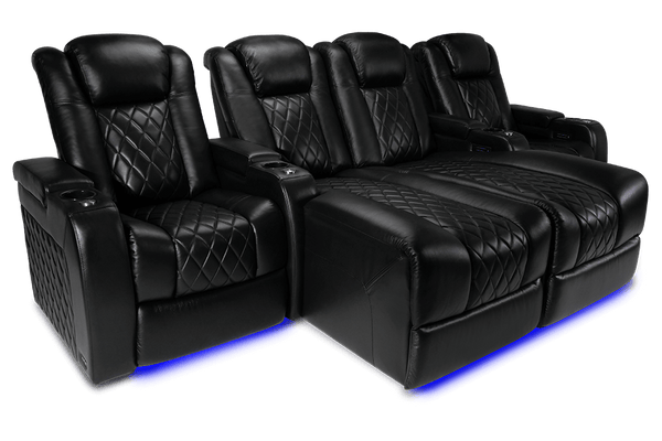 Valencia Tuscany Chaise Leather Home Theater Seating Row of 4 Loveseat Double Chaise Center, Midnight Black