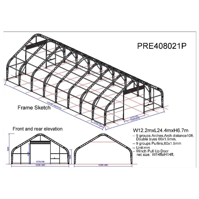 Double Truss Storage Shelter W40'xL80'xH21', 10' Truss Spacing