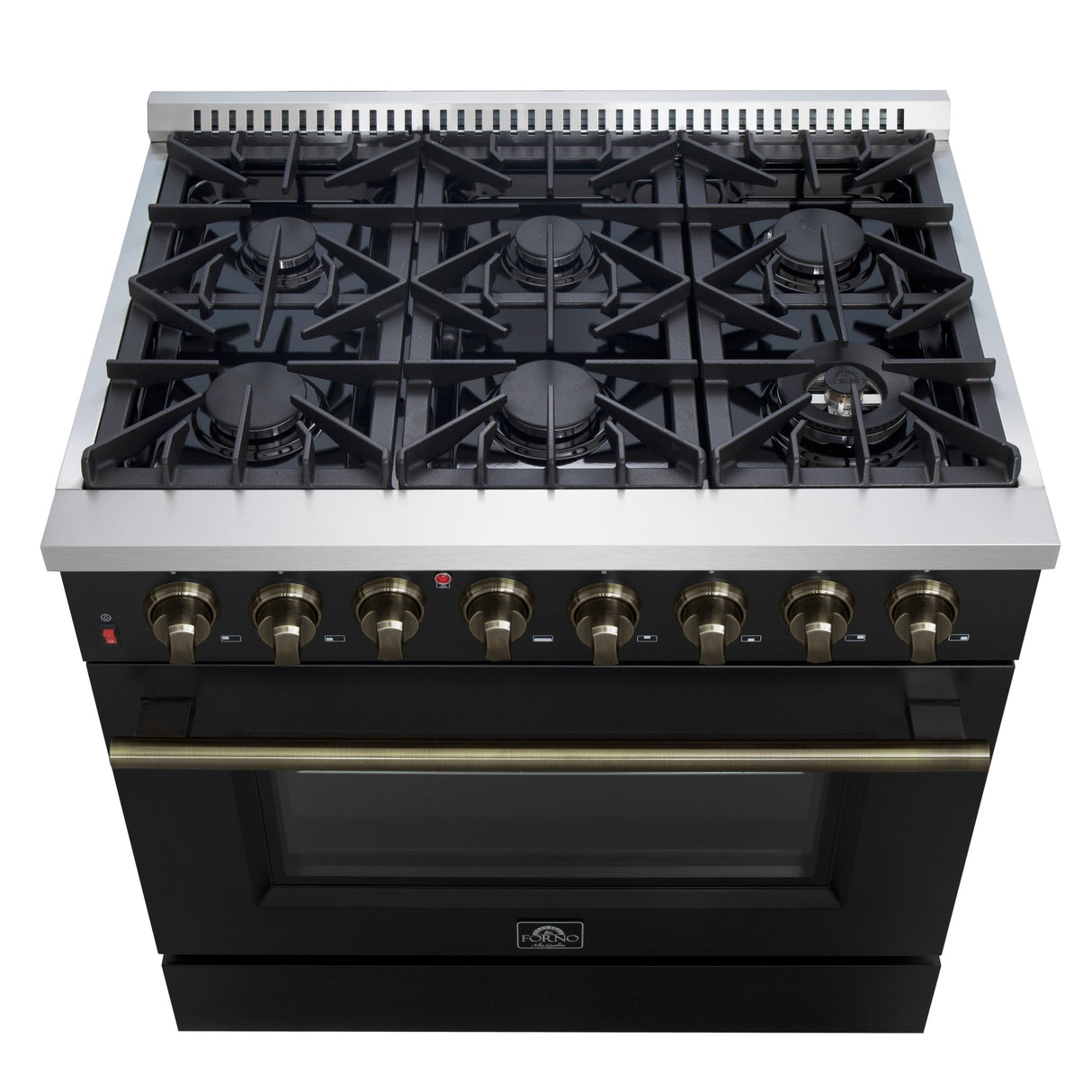 FORNO Galiano 36" 5.36 cu. ft. Dual Fuel Range with 6 Sealed Burners in Black with Antique Brass Accents, FFSGS6156-36BLK