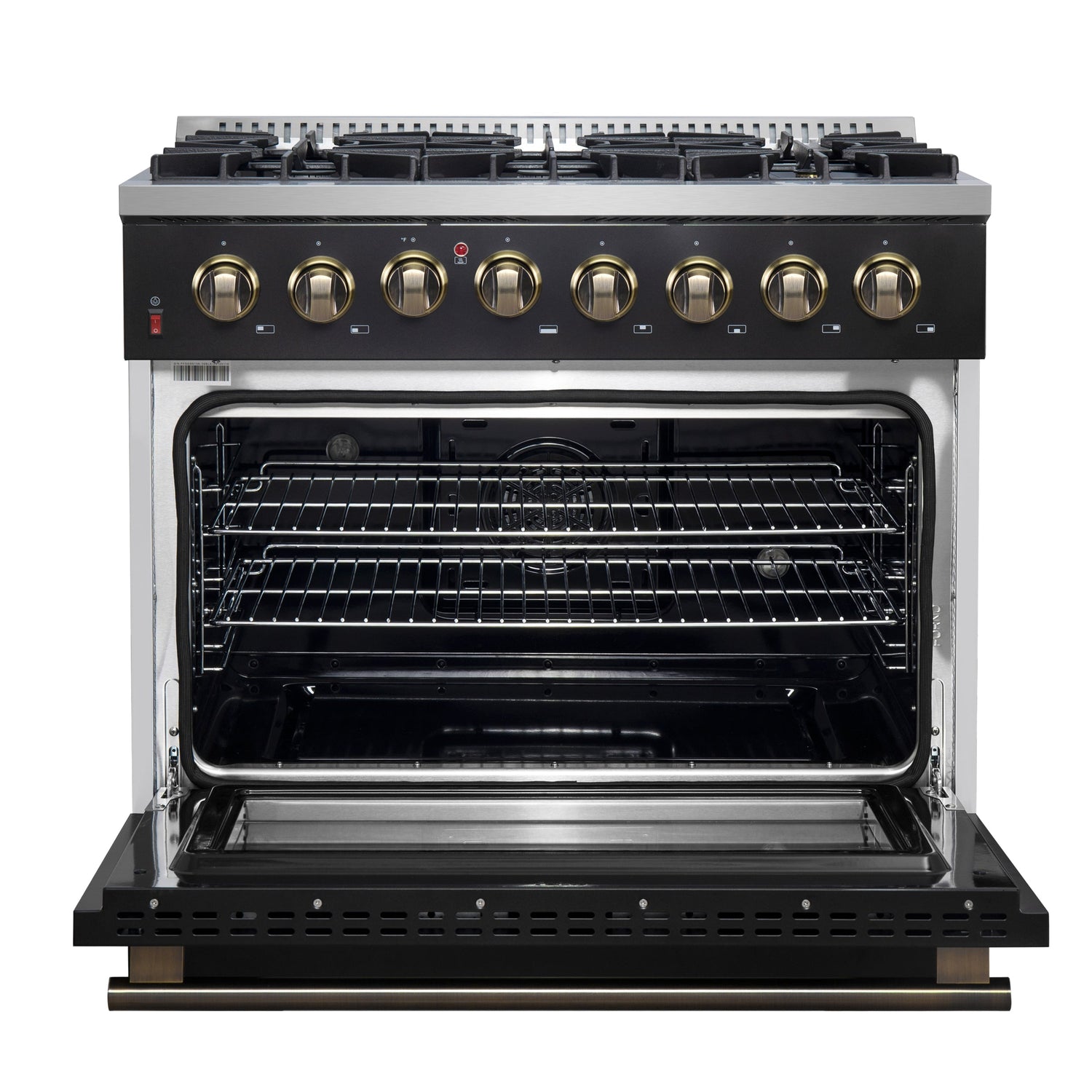 FORNO Galiano 36" 5.36 cu. ft. Dual Fuel Range with 6 Sealed Burners in Black with Antique Brass Accents, FFSGS6156-36BLK