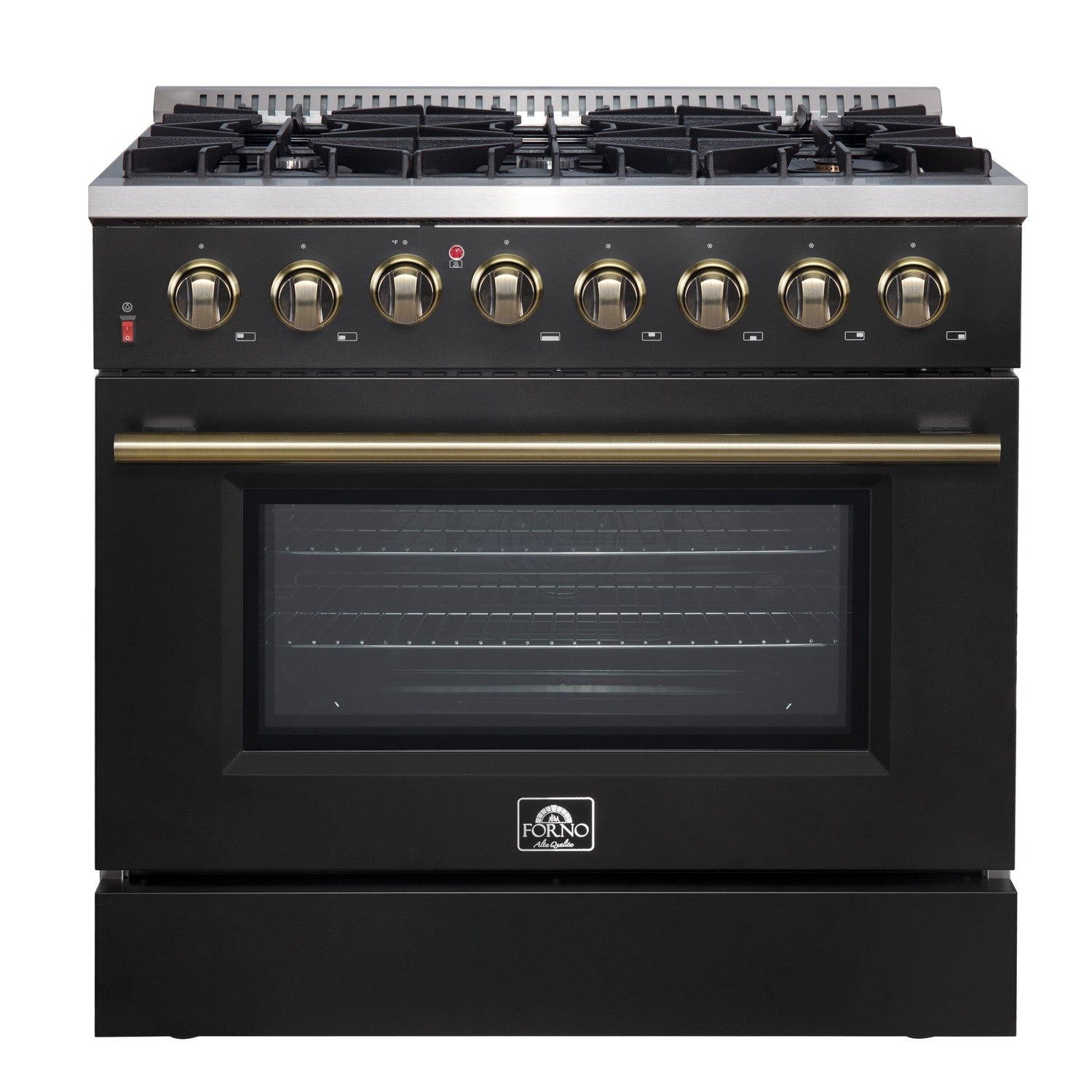 FORNO Galiano 36" 5.36 cu. ft. Dual Fuel Range with 6 Sealed Burners in Black with Antique Brass Accents, FFSGS6156-36BLK
